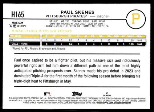 Original gloss 2024 Topps Holiday H165 Paul Skenes baseball card rookie Pirates