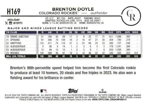 2024 Topps Holiday H169 Brenton Doyle baseball card Rockies NM-MT collectible