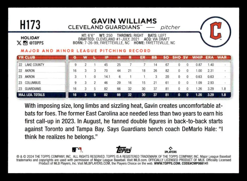 2024 Topps Holiday #H173 Gavin Williams - Baseball Card Single