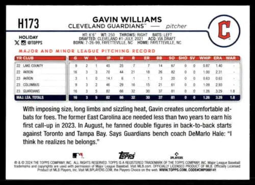 H173 Gavin Williams baseball card from Topps Holiday 2024, NM-MT RC Rookie Guardians