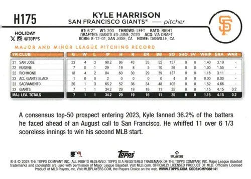 2024 Topps Holiday H175 Kyle Harrison NM-MT RC Baseball Card Giants