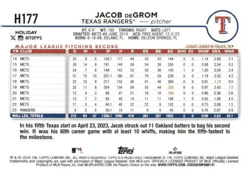 2024 Topps Holiday H177 Jacob deGrom baseball card featuring Rangers in excellent condition