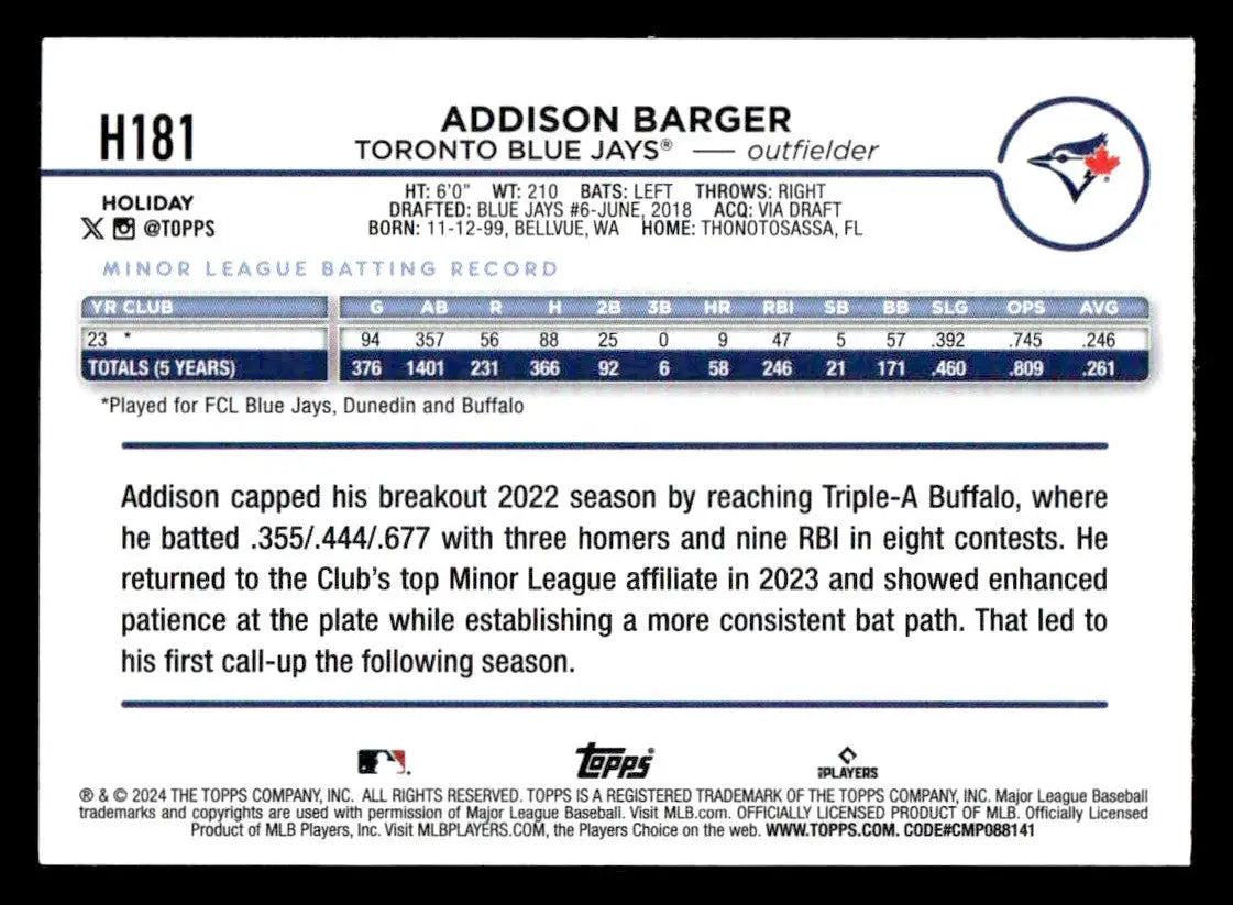 2024 Topps Holiday #H181 Addison Barger - Baseball Card Single