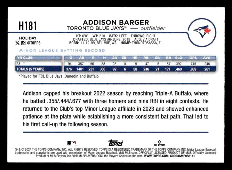 2024 Topps Holiday #H181 Addison Barger - Baseball Card Single