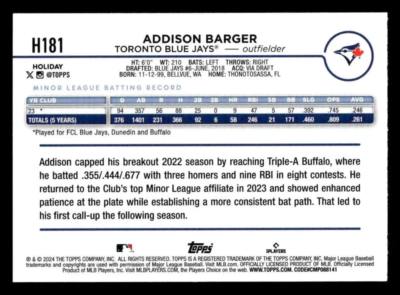 2024 Topps Holiday #H181 Addison Barger - Baseball Card Single