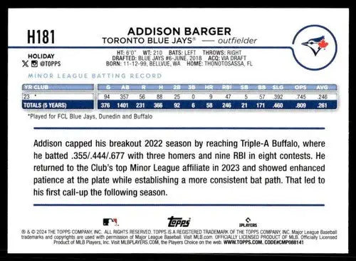 Original gloss H181 Addison Barger baseball card from 2024 Topps Holiday product
