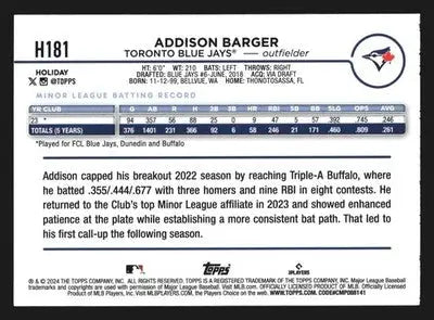 2024 Topps Holiday #H181 Addison Barger Toronto Blue Jays RC - Baseball Card Single