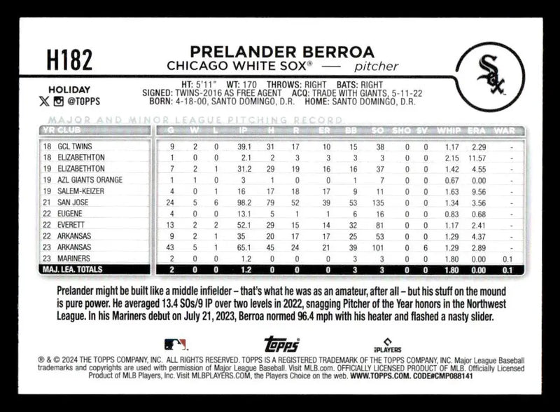 2024 Topps Holiday #H182 Prelander Berroa - Baseball Card Single