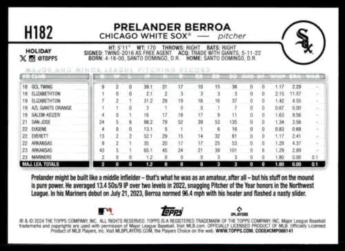 2024 Topps Holiday H182 Prelander Berroa rookie card with original gloss White Sox