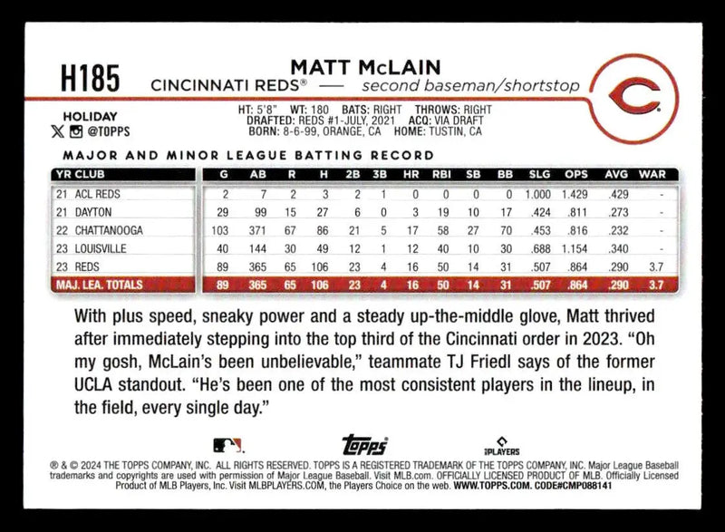 2024 Topps Holiday #H185 Matt McLain - Baseball Card Single