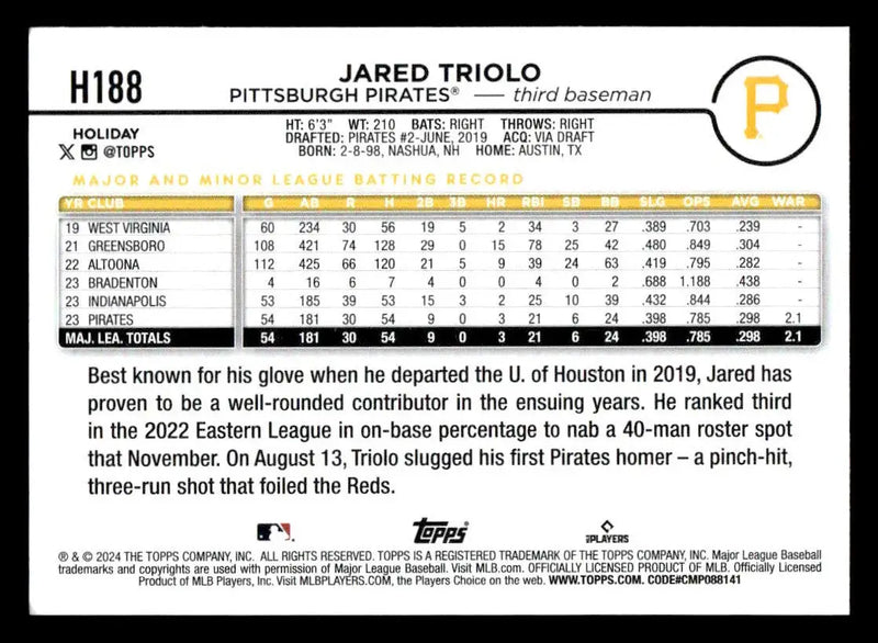 2024 Topps Holiday #H188 Jared Triolo - Baseball Card Single