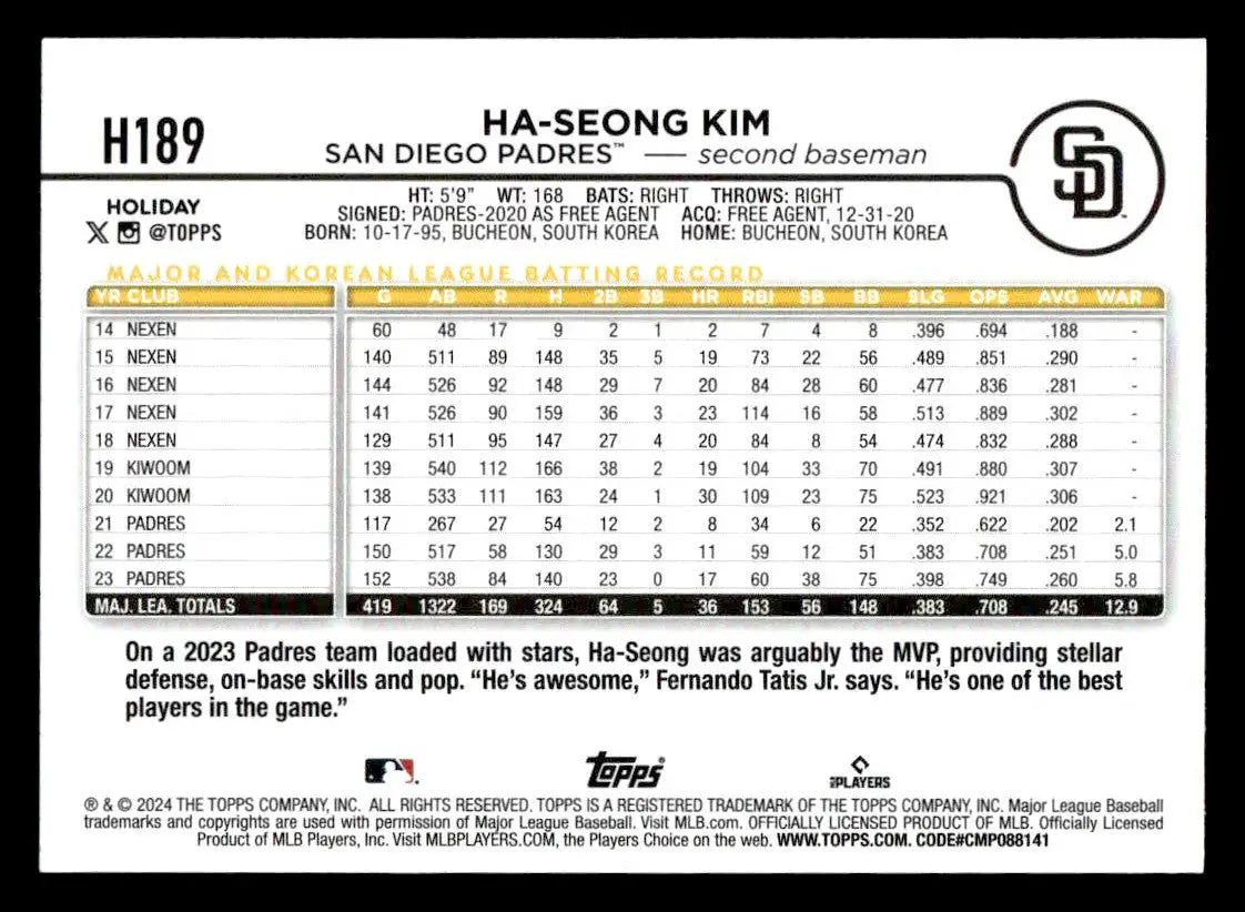 2024 Topps Holiday #H189 Ha-Seong Kim - Baseball Card Single