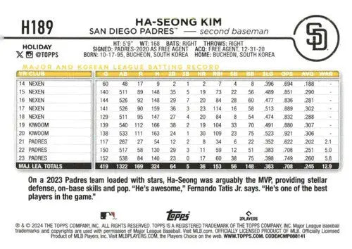 2024 Topps Holiday H189 Ha-Seong Kim Padres baseball card with original gloss