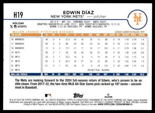 2024 Topps Holiday #H19 Edwin Diaz NM-MT Mets ID:75380 - Baseball Card Single
