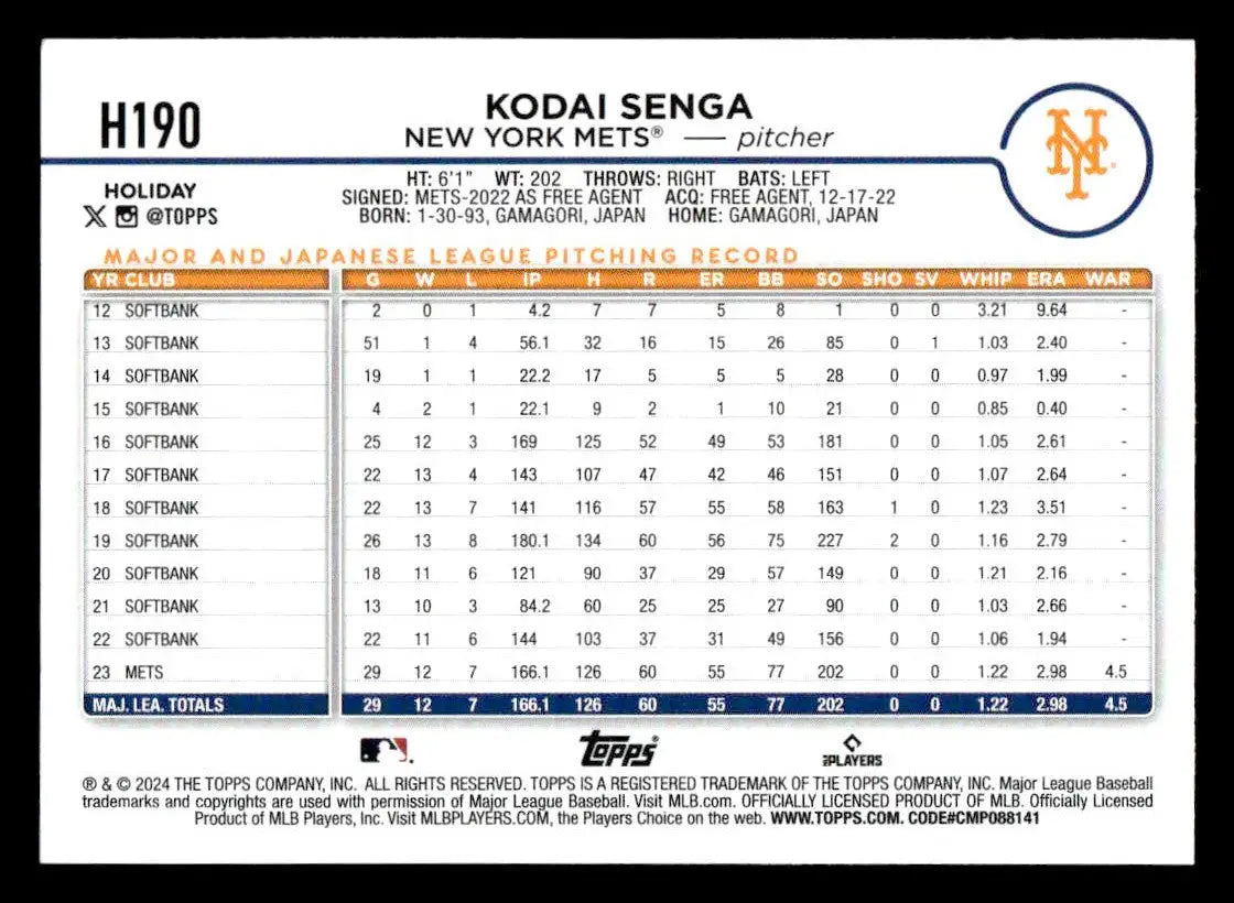 2024 Topps Holiday #H190 Kodai Senga - Baseball Card Single