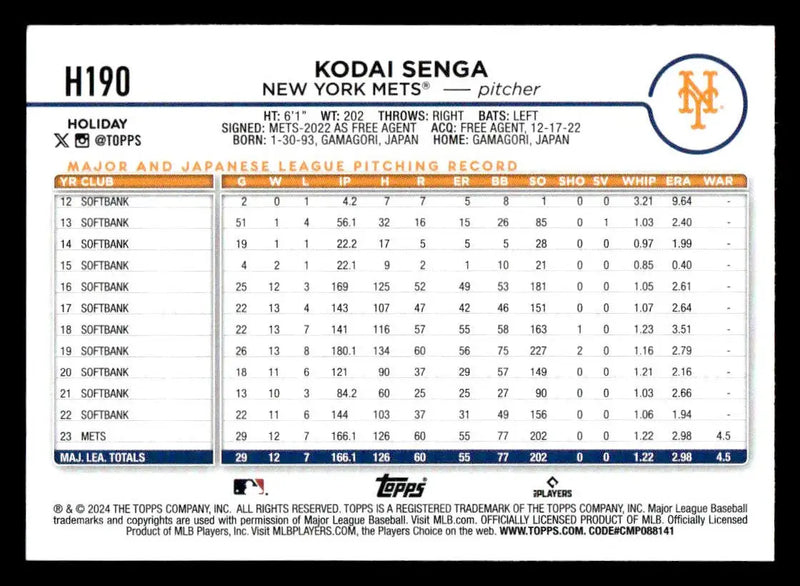 2024 Topps Holiday #H190 Kodai Senga - Baseball Card Single