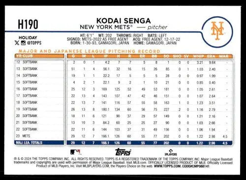 Original gloss 2024 Topps Holiday H190 Kodai Senga Mets baseball card