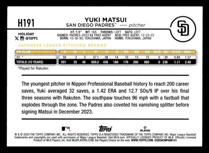 2024 Topps Holiday #H191 Yuki Matsui - Baseball Card Single