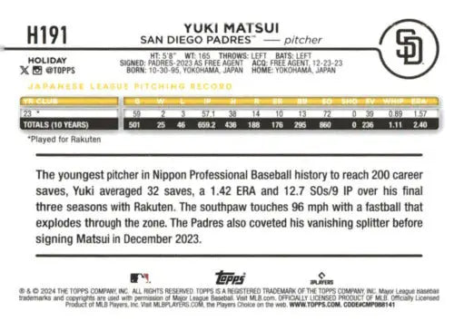 Yuki Matsui baseball card from 2024 Topps Holiday series featuring original gloss