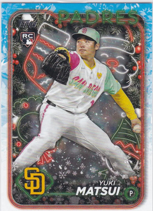 Baseball card of Yuki Matsui in Padres holiday-themed background 2024 Topps H191