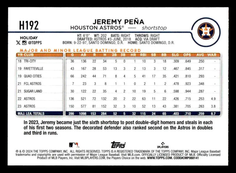2024 Topps Holiday #H192 Jeremy Peña - Baseball Card Single
