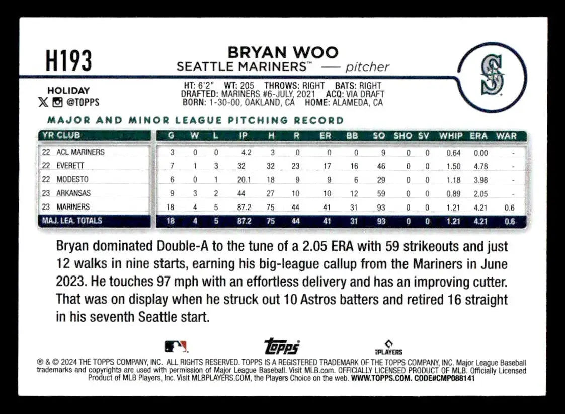 2024 Topps Holiday #H193 Bryan Woo - Baseball Card Single