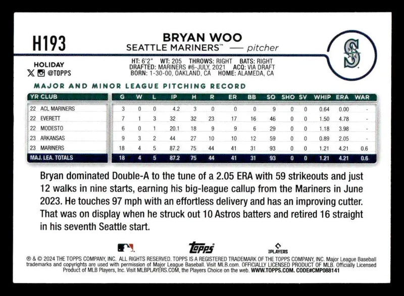 2024 Topps Holiday #H193 Bryan Woo - Baseball Card Single