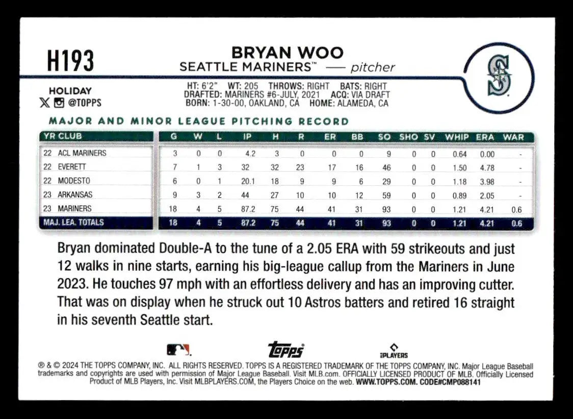 2024 Topps Holiday #H193 Bryan Woo - Baseball Card Single