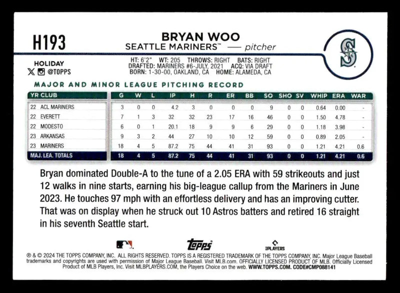 2024 Topps Holiday #H193 Bryan Woo - Baseball Card Single