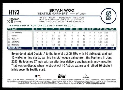 Original gloss 2024 Topps Holiday H193 Bryan Woo Mariners rookie baseball card