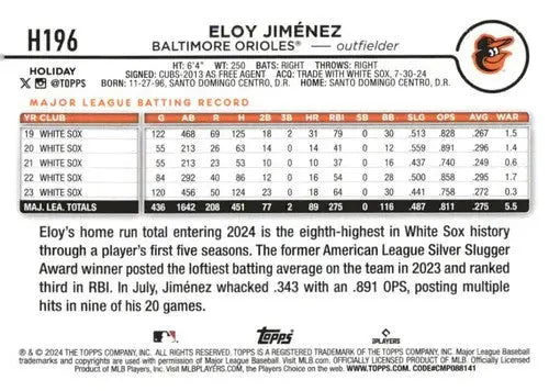 2024 Topps Holiday H196 Eloy Jimenez baseball card featuring Eloy Jimenez Orioles player