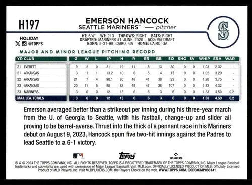Original gloss 2024 Topps Holiday H197 Emerson Hancock baseball card Mariners rookie
