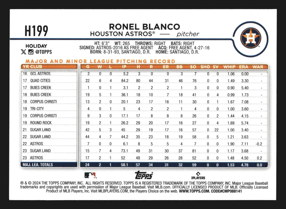 2024 Topps Holiday #H199 Ronel Blanco Astros RC - Baseball Card Single