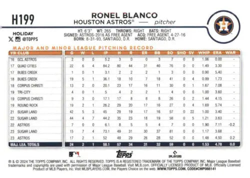 Original gloss 2024 Topps Holiday H199 Ronel Blanco baseball card NM-MT rookie Astros