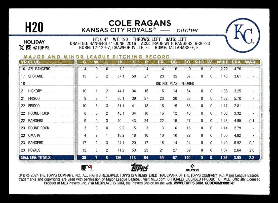 2024 Topps Holiday #H20 Cole Ragans - Baseball Card Single