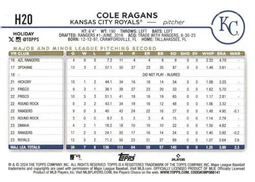 2024 Topps Holiday #H20 Cole Ragans NM-MT Royals ID:75381 - Baseball Card Single