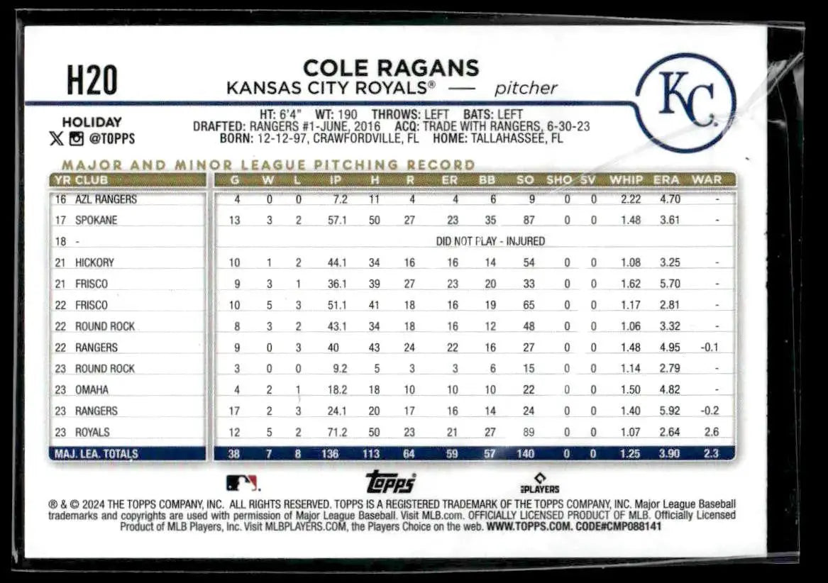 2024 Topps Holiday #H20 Cole Ragans Holiday Tree Blue Metallic - Baseball Card Single