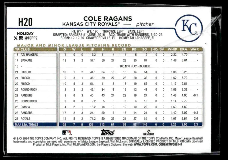 2024 Topps Holiday #H20 Cole Ragans Holiday Tree Blue Metallic - Baseball Card Single