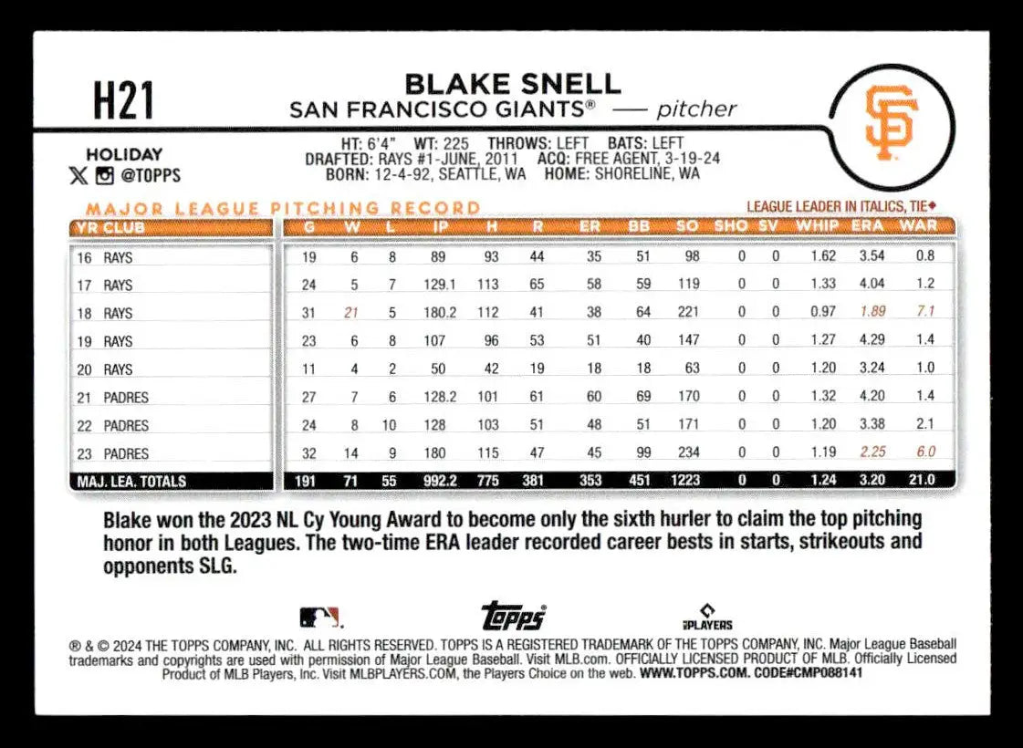 2024 Topps Holiday #H21 Blake Snell - Baseball Card Single
