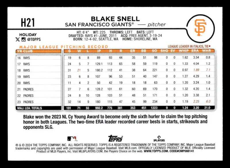 2024 Topps Holiday #H21 Blake Snell - Baseball Card Single