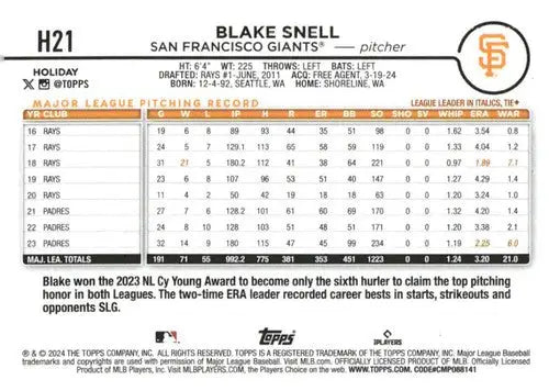 2024 Topps Holiday #H21 Blake Snell NM-MT Giants ID:75382 - Baseball Card Single