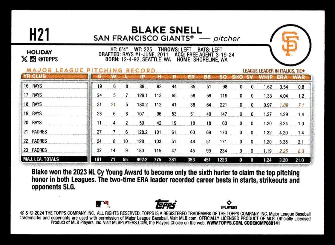 2024 Topps Holiday #H21 Blake Snell Holiday Tree - Baseball Card Single