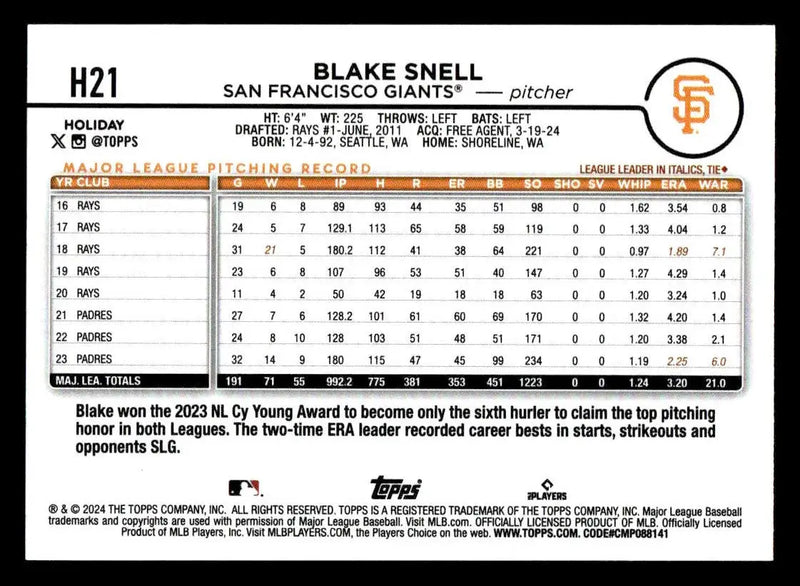 2024 Topps Holiday #H21 Blake Snell Holiday Tree - Baseball Card Single