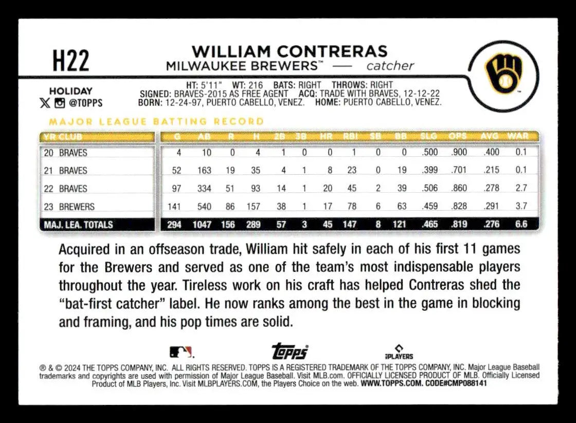 2024 Topps Holiday #H22 William Contreras - Baseball Card Single