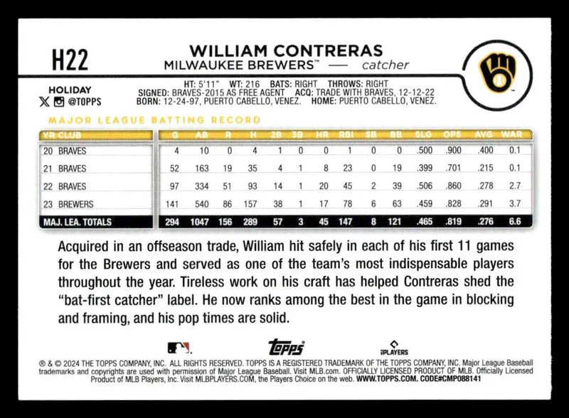 2024 Topps Holiday #H22 William Contreras - Baseball Card Single