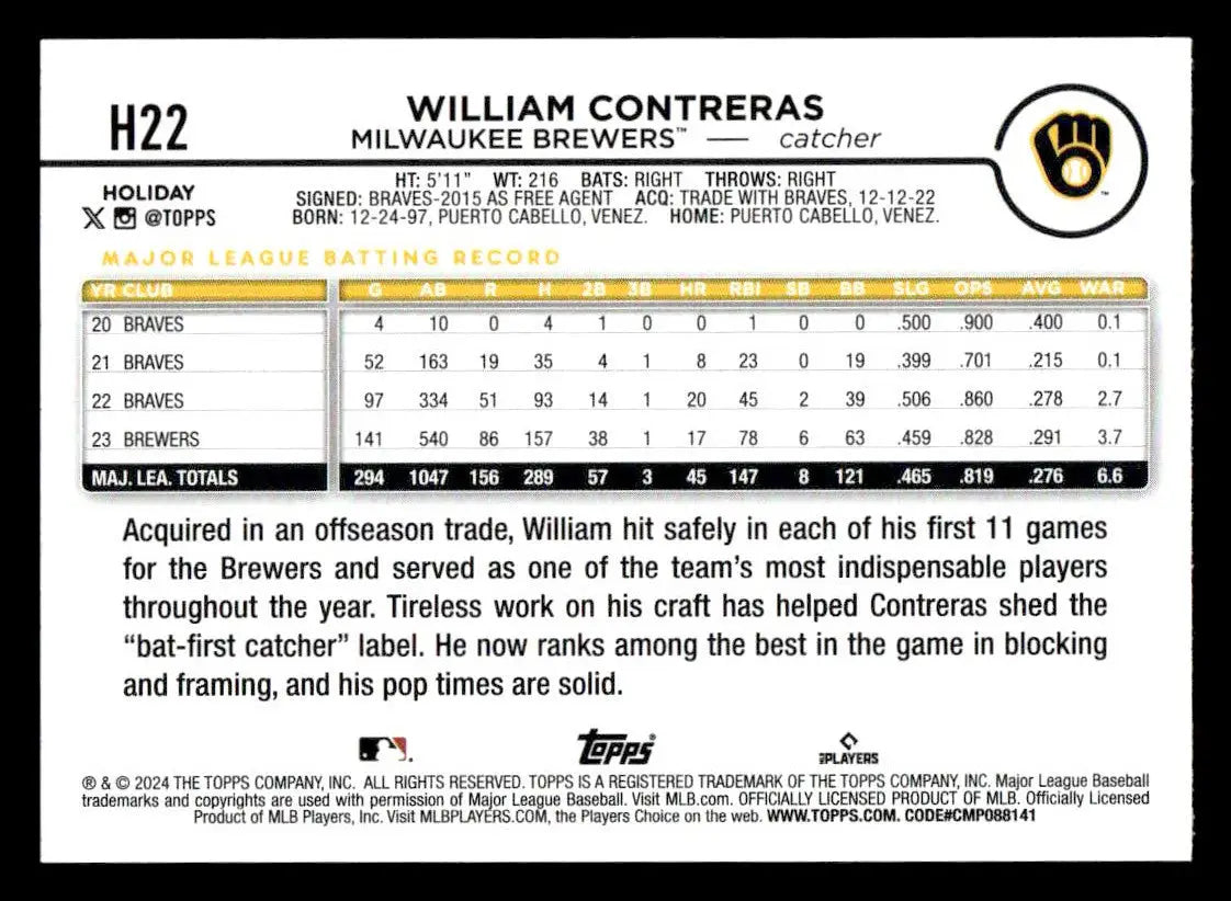 2024 Topps Holiday #H22 William Contreras - Baseball Card Single