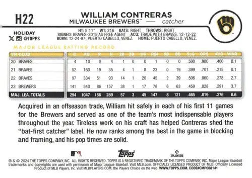 2024 Topps Holiday #H22 William Contreras NM-MT Brewers ID:75383 - Baseball Card Single