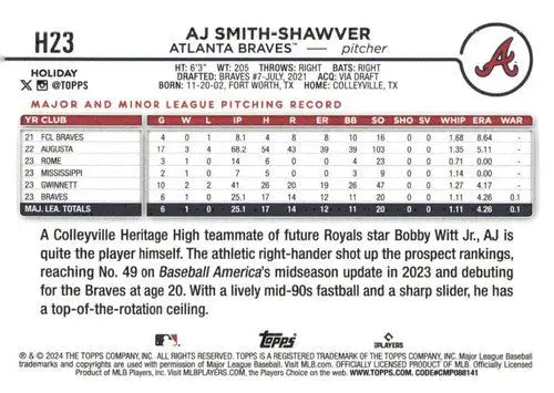 2024 Topps Holiday #H23 AJ Smith-Shawver NM-MT RC Rookie Braves ID:75384 - Baseball Card Single