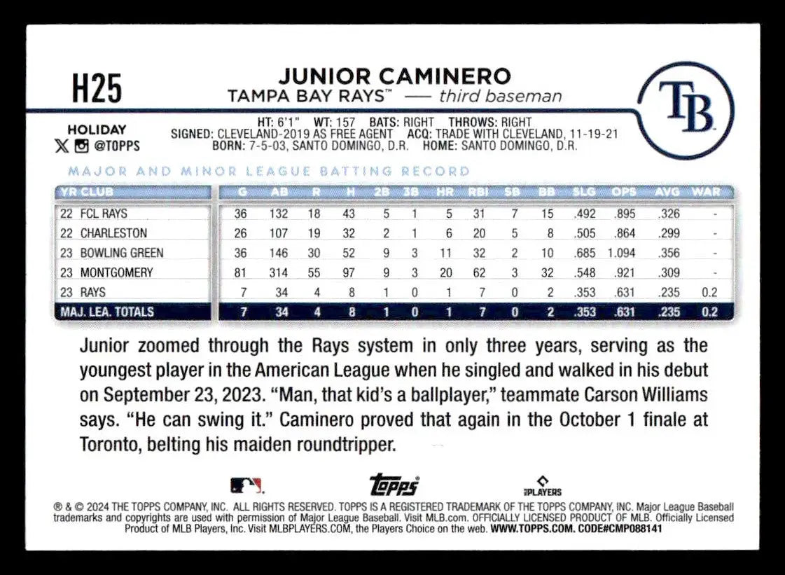 2024 Topps Holiday #H25 Junior Caminero - Baseball Card Single
