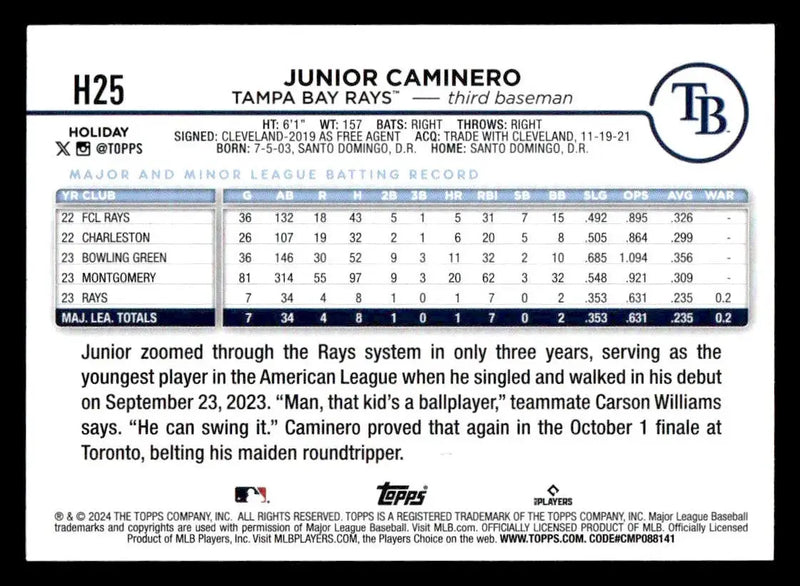 2024 Topps Holiday #H25 Junior Caminero - Baseball Card Single